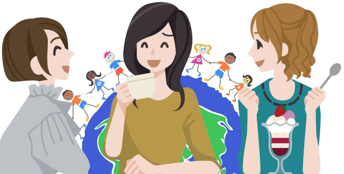 three cartoon woman chatting in front of Earth with international people